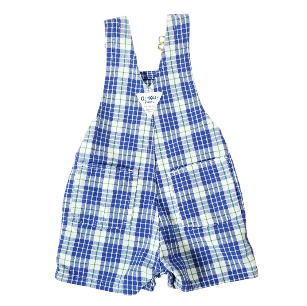 OshKosh B'Gosh Vintage 90's Shortalls Size 12M Blue White Plaid Vestbak USA